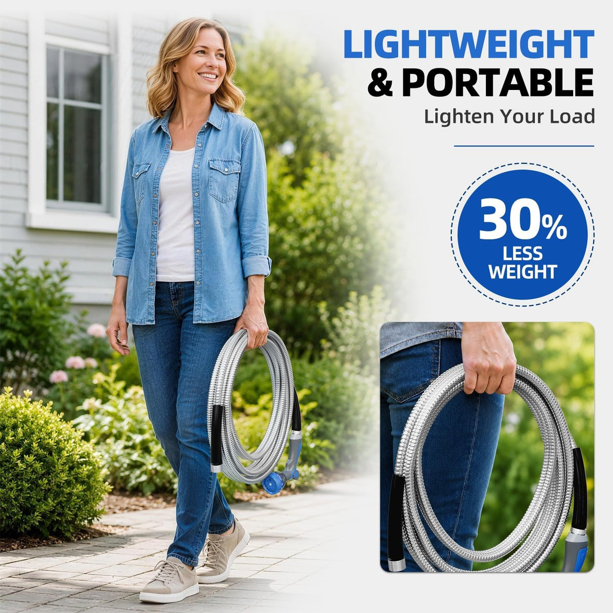 5 8" 304 Stainless Steel Metal Garden Hose 75FT with Blue Nozzle (5/8" ID x 75 FT / Sliver)