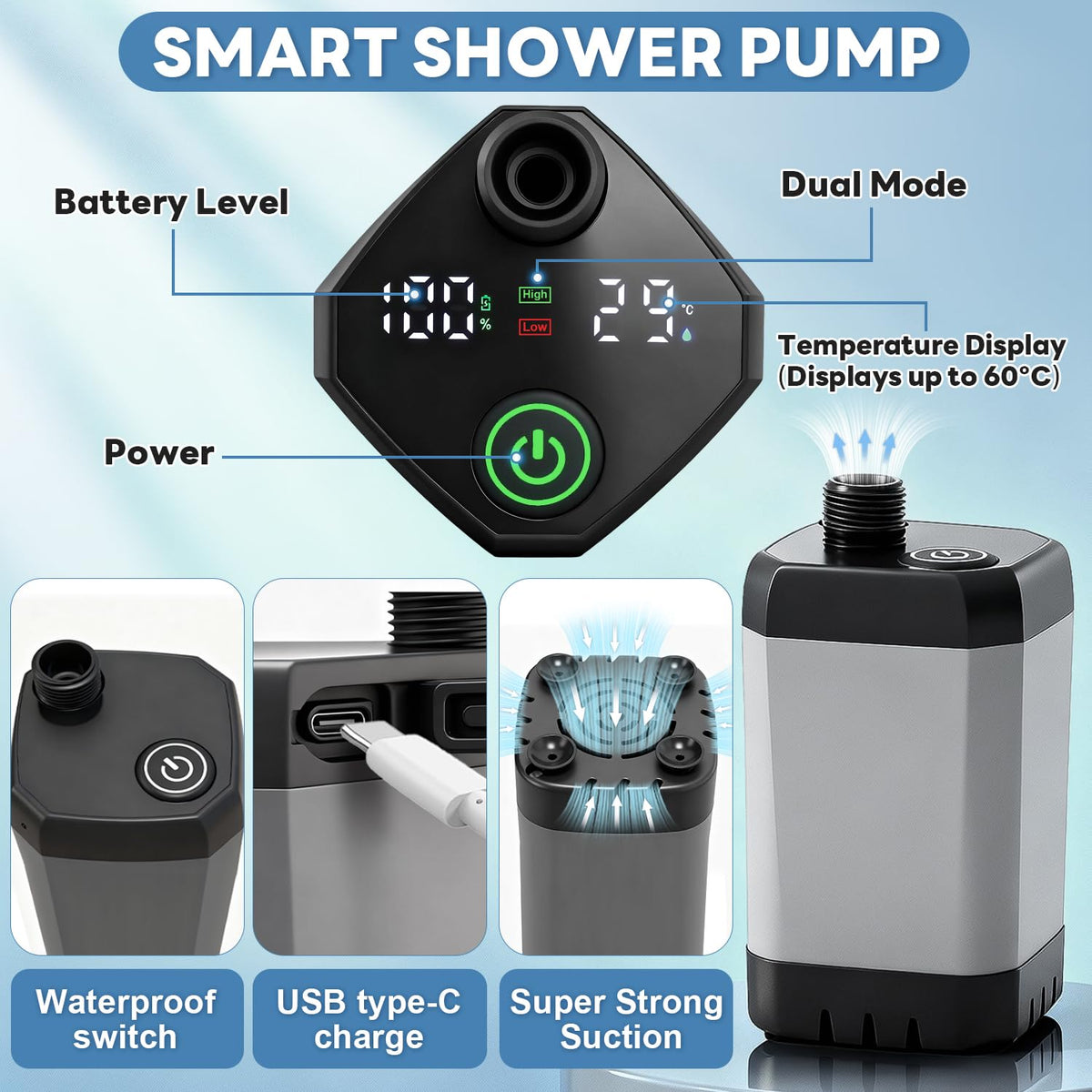 Portable Shower with Heater 1500W Camping Water Heater with Shower Head 3 Spray Modes (Black)
