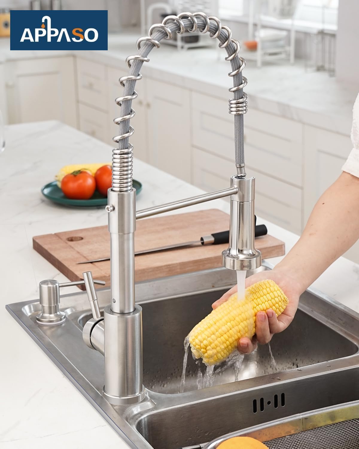 Commercial Kitchen Faucet with Soap Dispenser Brushed Nickel (Silver)