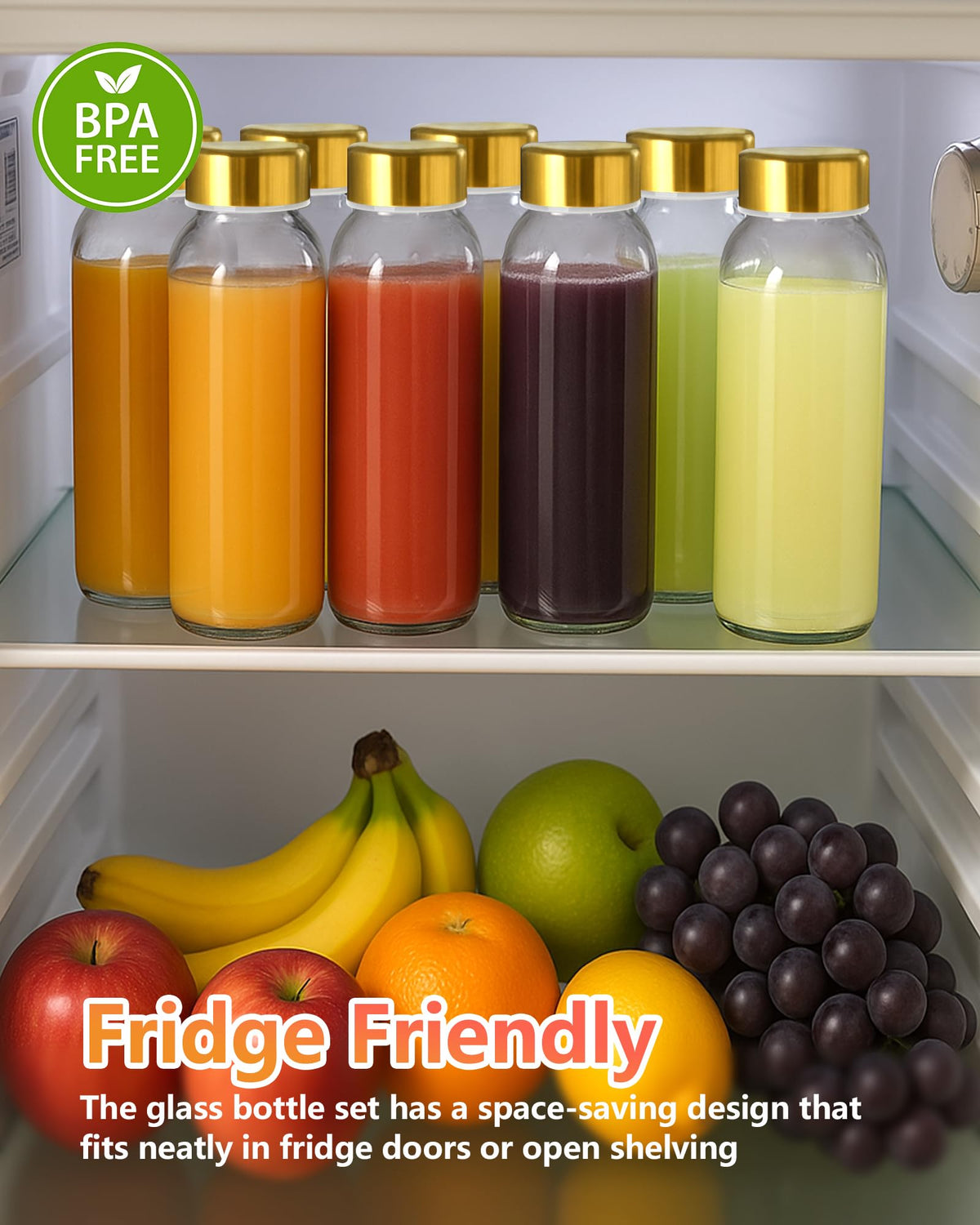 10 oz Glass Juice Bottles with Stainless Steel Gold Lid Leak Proof
