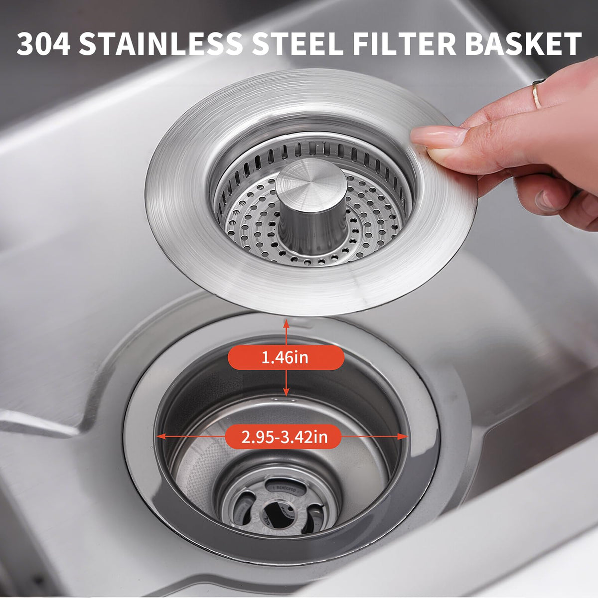 3-in-1 Kitchen Sink Drain Strainer Stopper – 304 Stainless Steel Pop Up Sink Plug with Filter Basket, Anti-Clog Design, Fits 3-1/2” US Standard Kitchen Sink Drains (Silver-sink Drain Stopper-1 Pack)