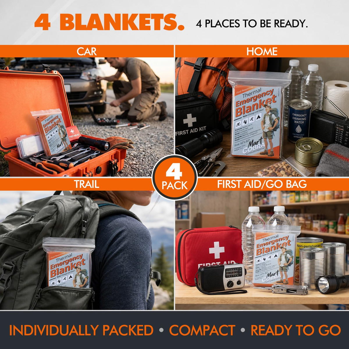 Emergency Blanket Orange Mylar Thermal Space Survival Gear &Supplies 4 (Orange / 4 Pack)