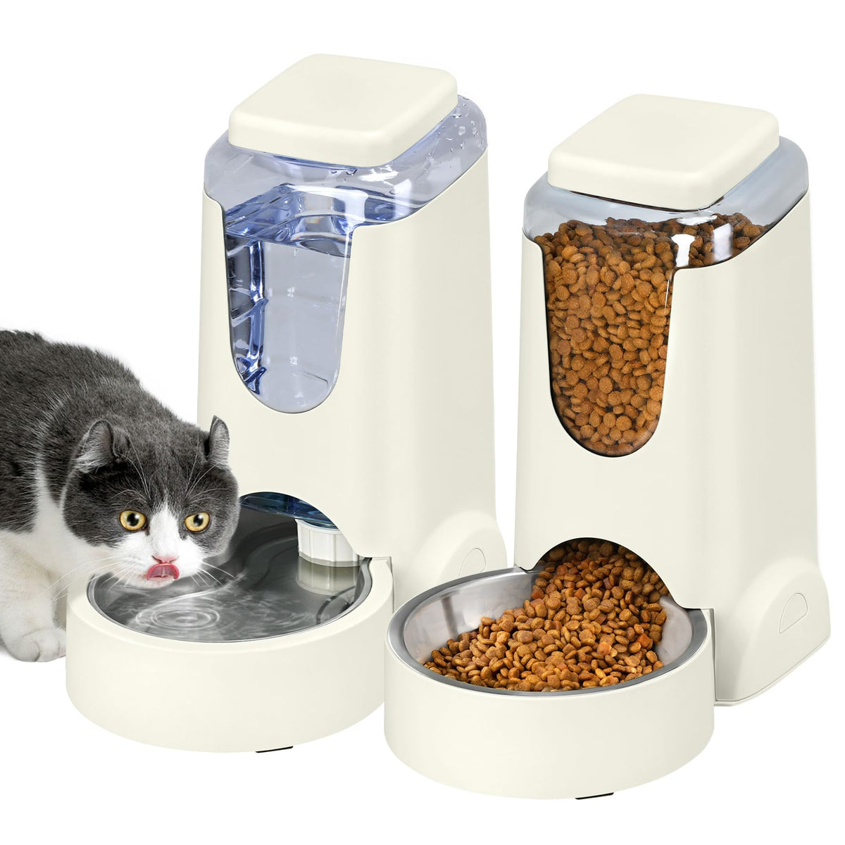 2 Pack Automatic Cat Feeder and Stainless Steel Water Dispenser (1 Gallon x 2 - Ivory White)