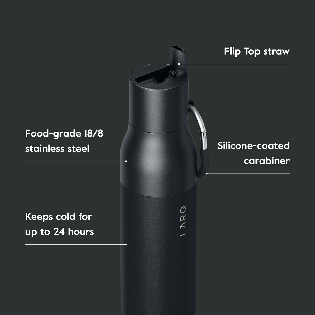 Flip Top Insulated Stainless Steel Reusable Water Bottle with Straw (25 Ounces / Obsidian Black)