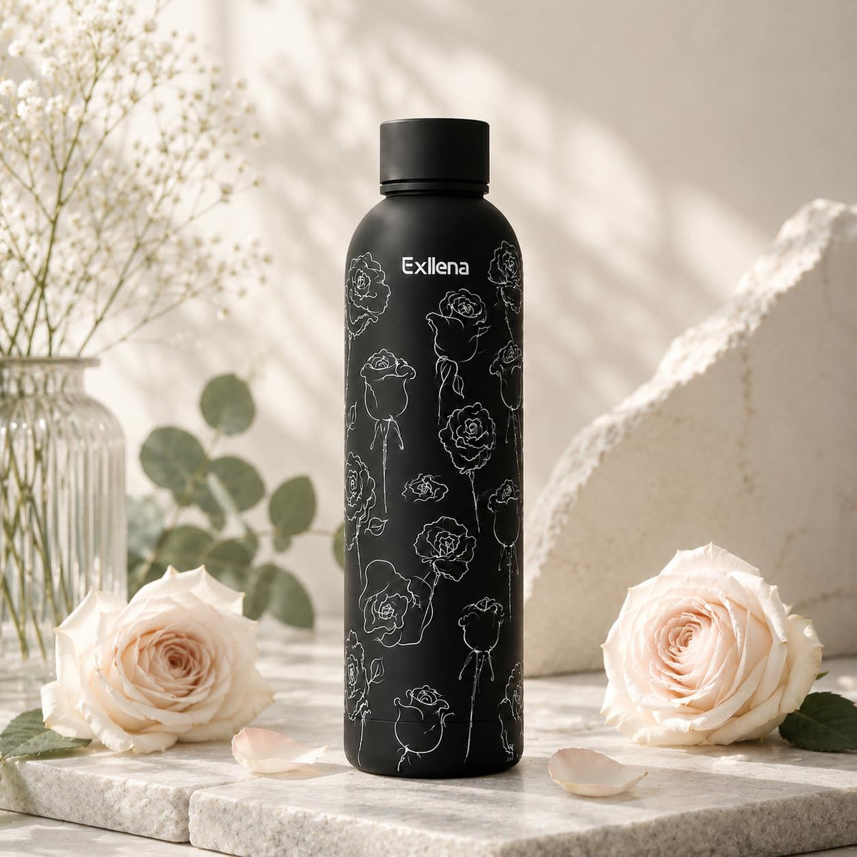 32oz Metal Water Bottle for Travel with Clip (32 Ounces / Black Rose)