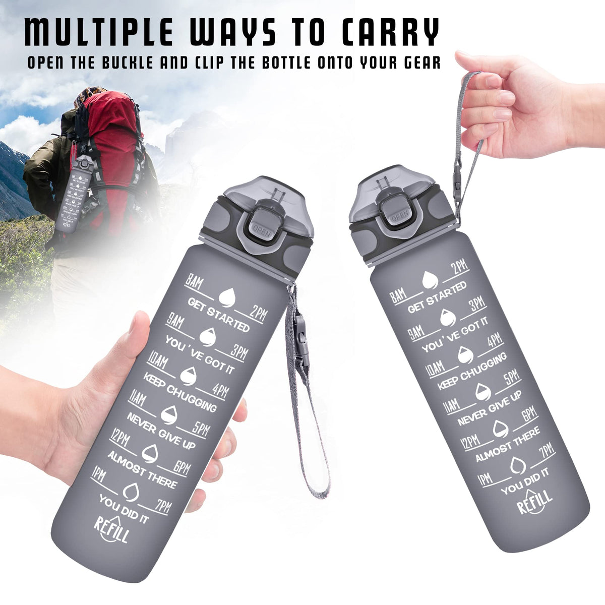 32 oz Drinking Water Bottle with Times to Drink and Straw (Black Cloud)