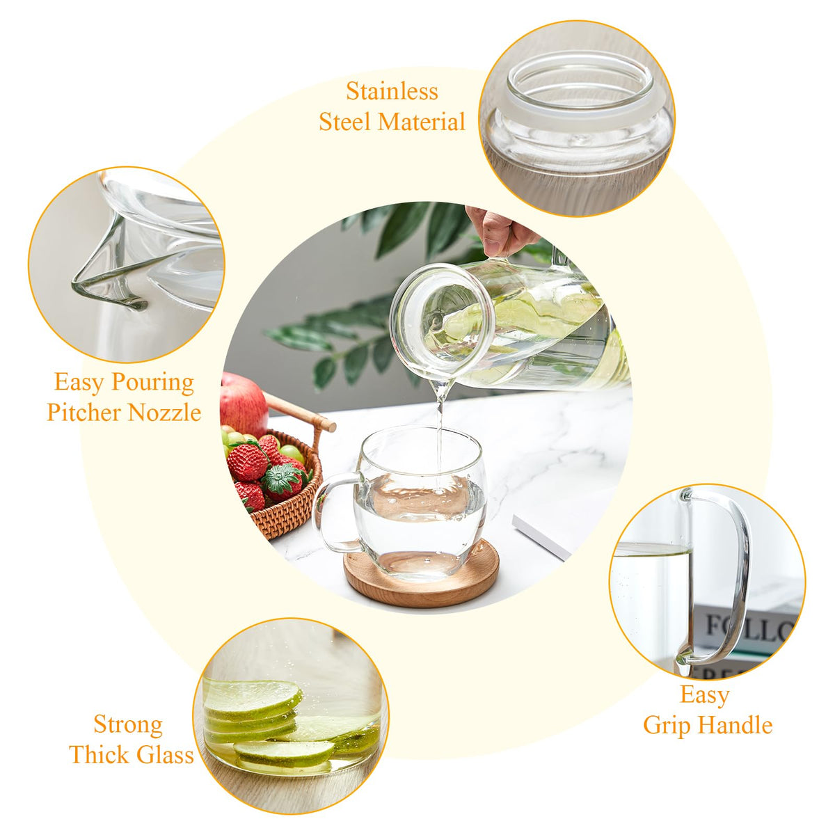 2 Sets Glass Pitcher with Lid Water Carafe (Glass Lid / 2l)