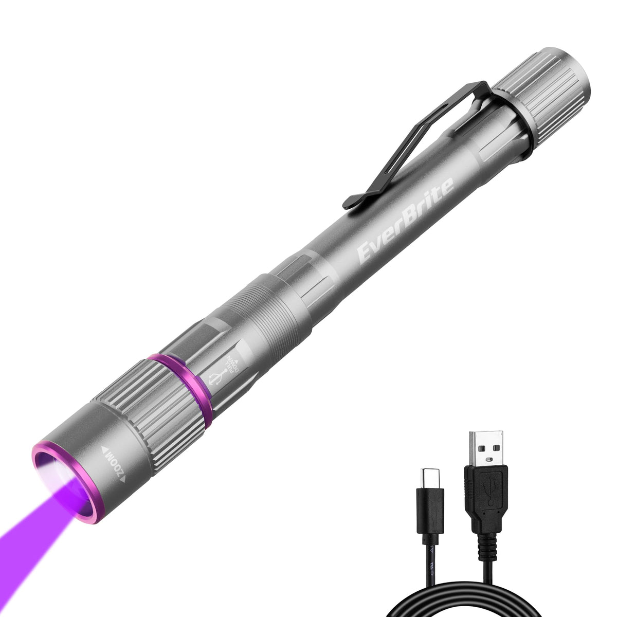 Rechargeable Pen Flashlight with UV and White Light (Gray)