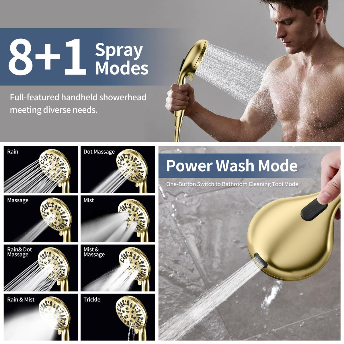 High Pressure Dual Shower Head with Handheld Spray Combo (Brushed Gold)