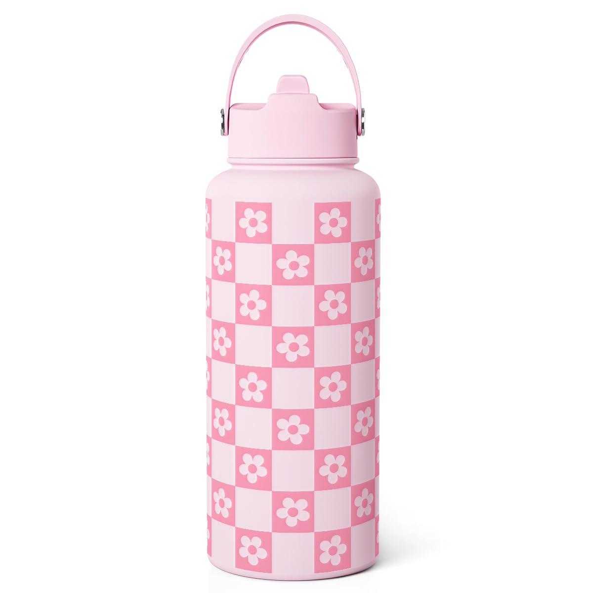 Checker Daisy Water Bottle 32oz Stainless Steel with Lid & Straw (Checker Daisy)