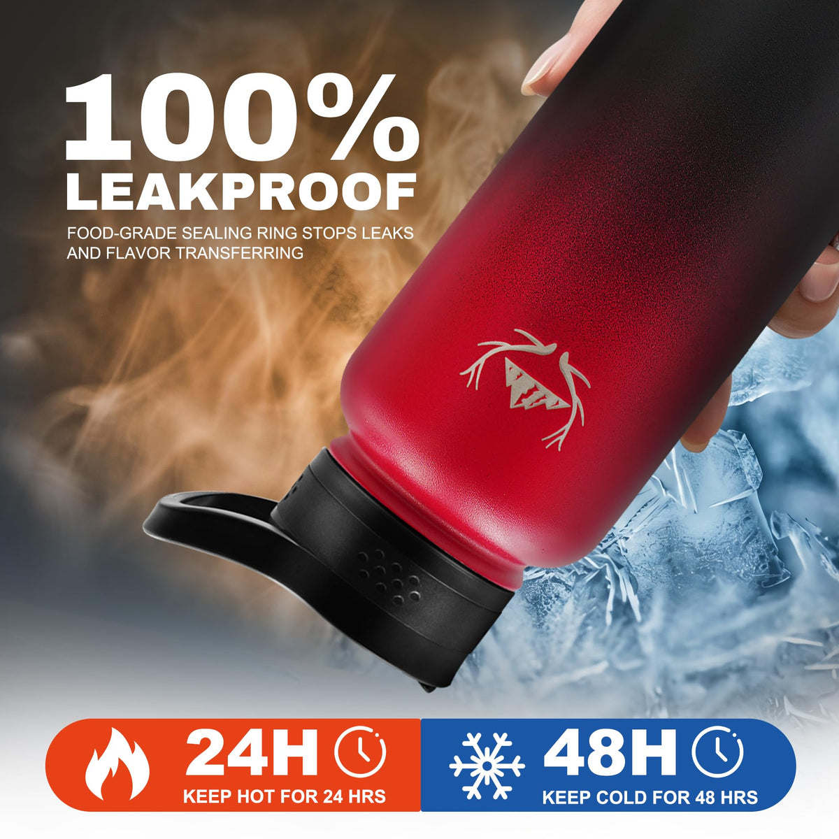 32 oz Insulated Water Bottle with Carrier Bag & 3 Lids (Red Black / 32 Ounces)