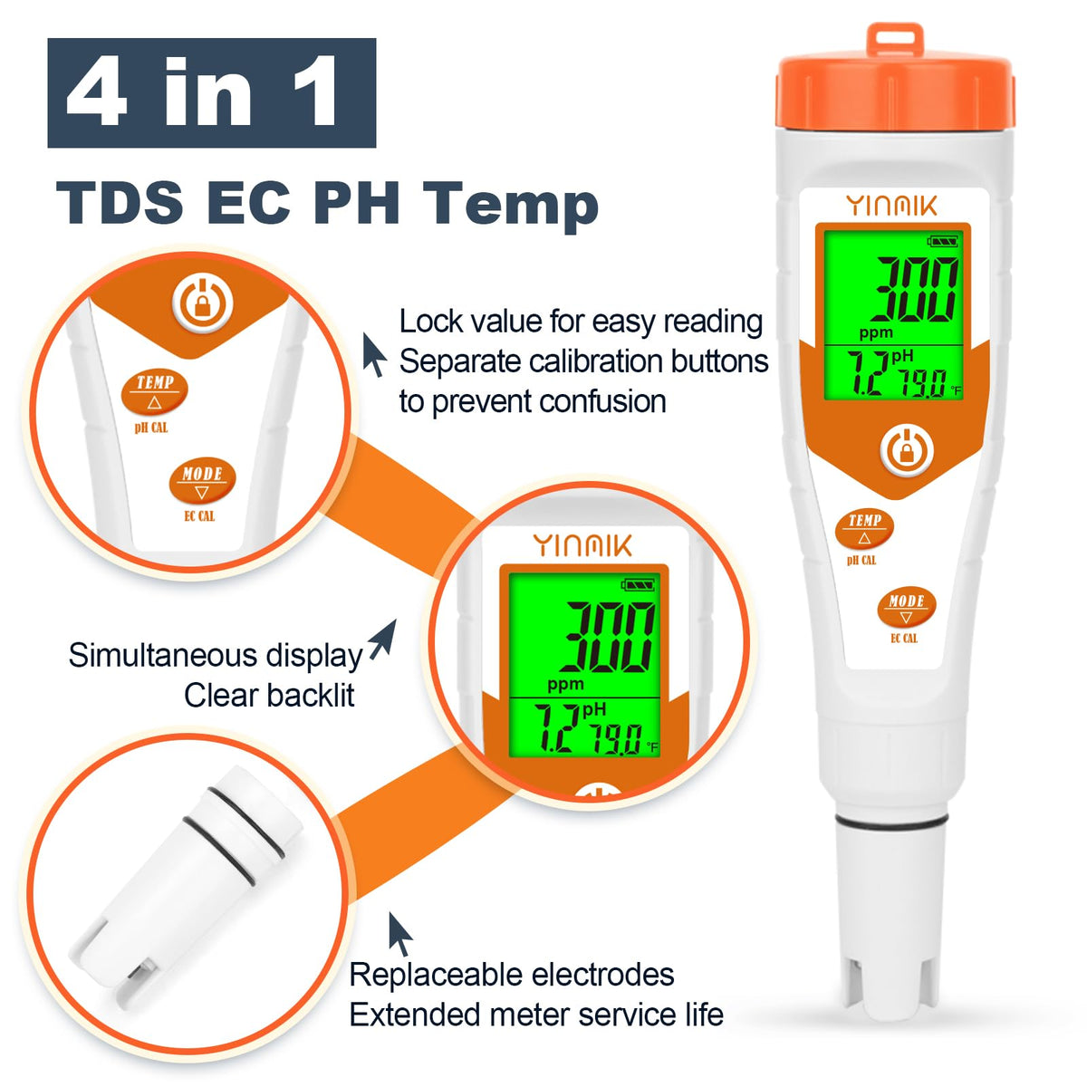 Hydroponics EC pH Tester (4 in 1 pH Meter)