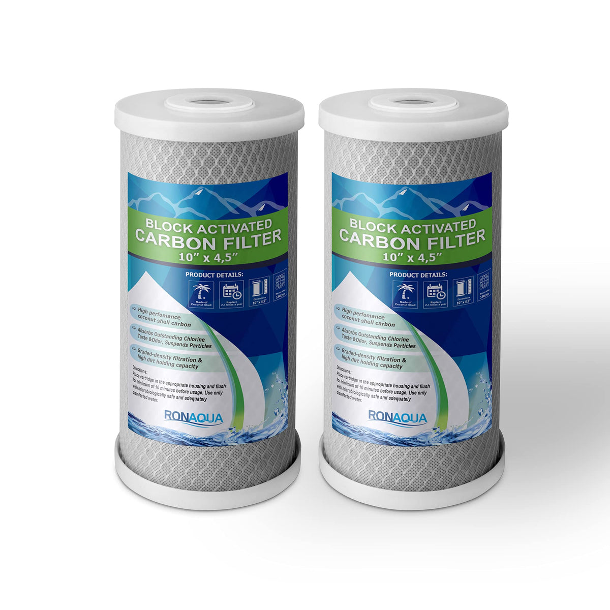 High Capacity Coconut Shell Carbon Block Water Filter 4.5 x 10 Inch 2 Pack