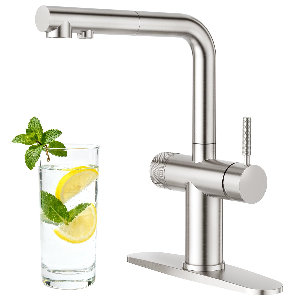 3 Way Kitchen Faucet with Pull Down Sprayer & Water Filter Built (Brushed Nickel)