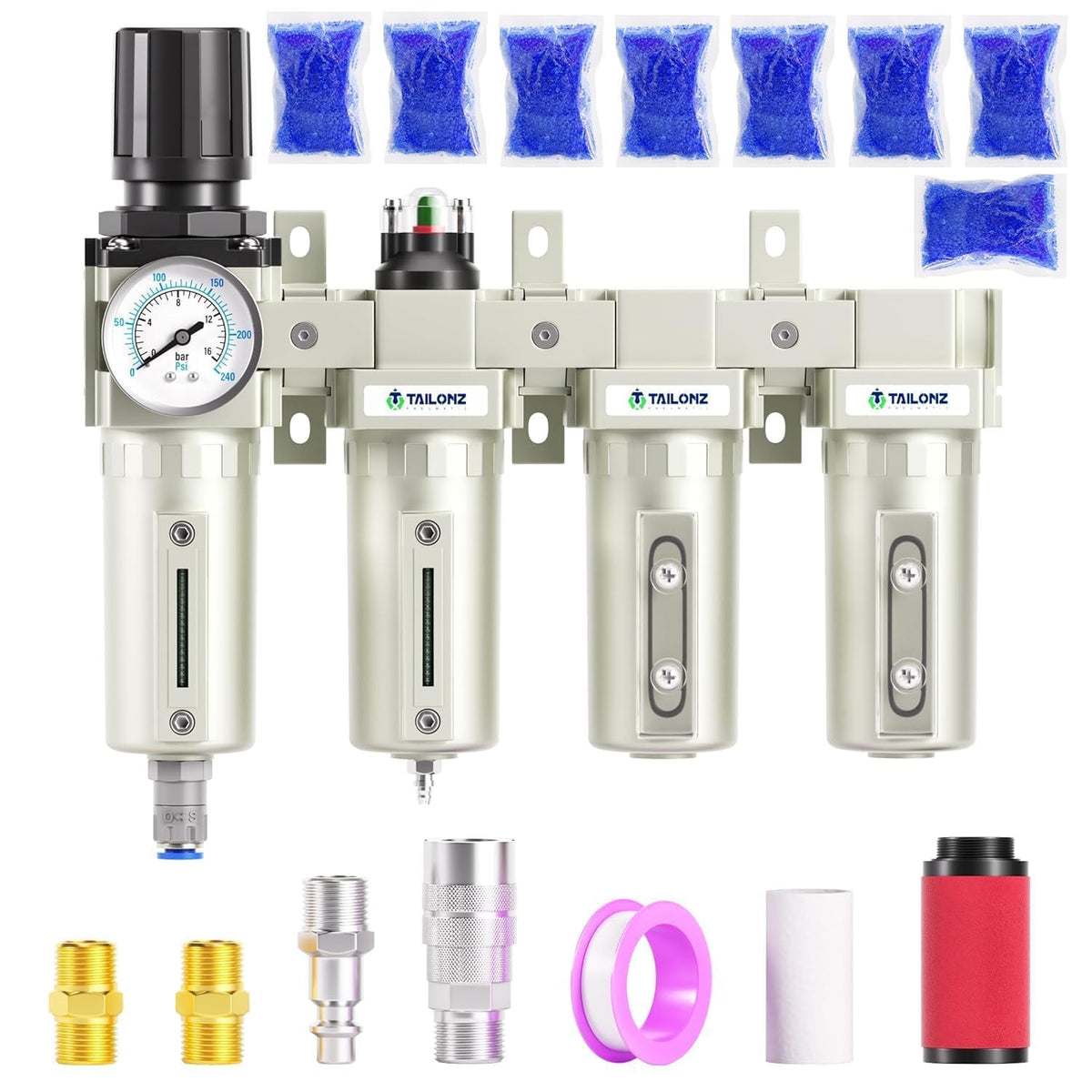 0-240 PSI 1/2 Inch NPT Industrial Grade 4-Stage Air Drying System, Particulate Filter, Dual Desiccant Dryer, 5 Micron & 0.01 Micron Filtration (Auto Drain) (1/2