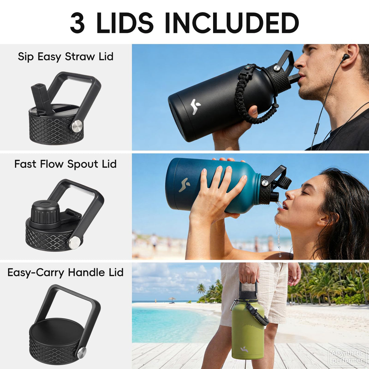 128 oz Insulated Stainless Steel Water Bottle Jug with Handle (Black / 128 Ounces)