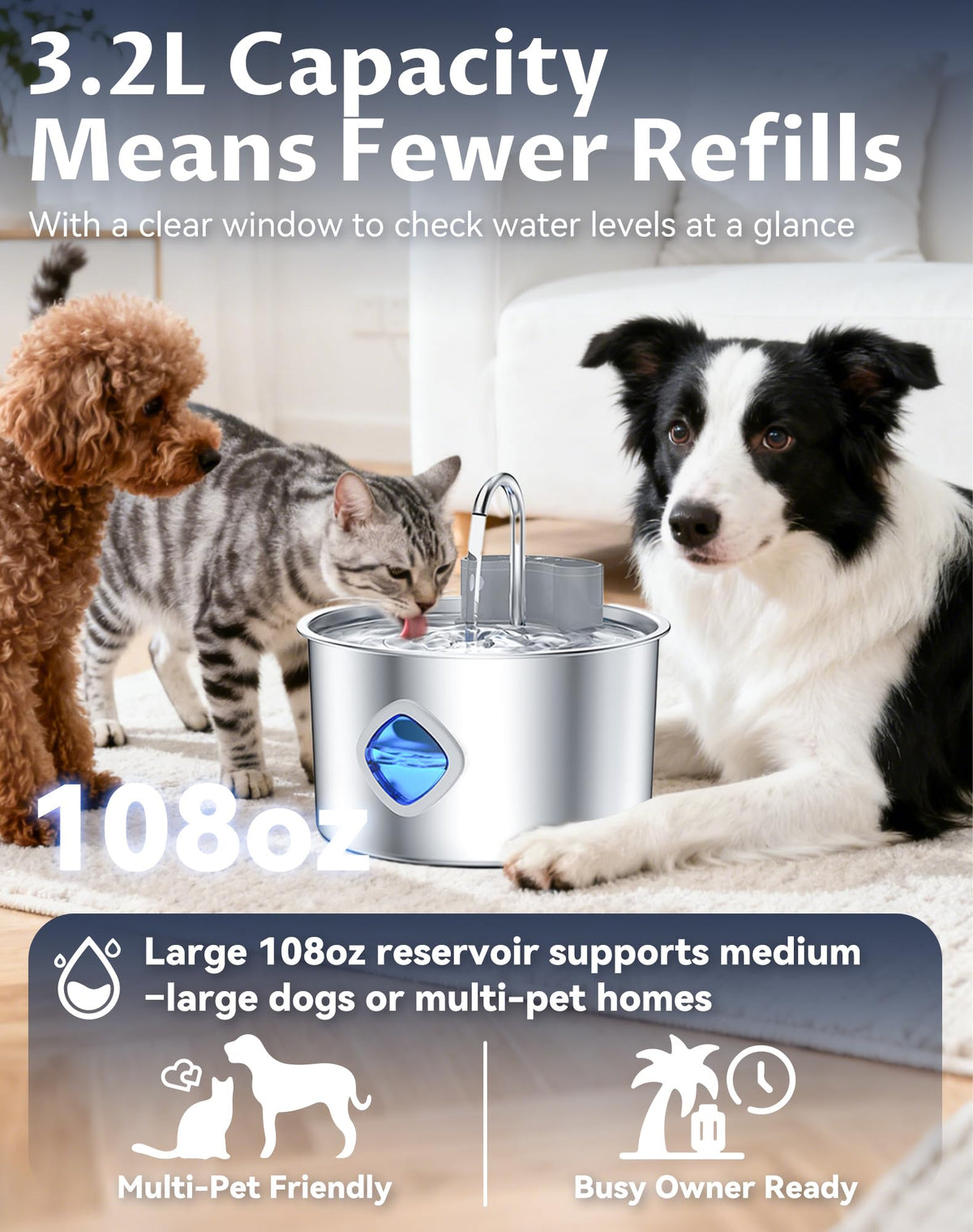 Water Bowl Cordless Dog Water Fountain with Faucet (Bowl+12Set Filter)