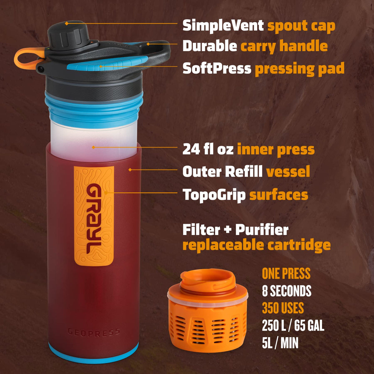GeoPress 24 oz Water Purifier & Water Filter Bottle (Wanderer Red)