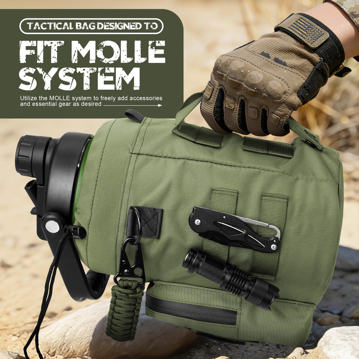 128oz 1 Gallon Tactical Water Bottle with MOLLE Bottle Pouch (Green Black / 128 Ounces)