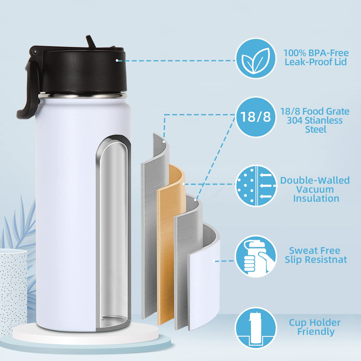 16oz Insulated Kids Water Bottle with Straw (White)