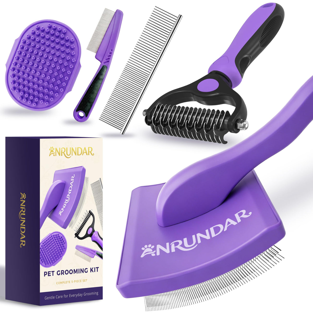 5PCS Dog Grooming Kit with Long Pin Slicker Brush for Dogs (Violet / Large)