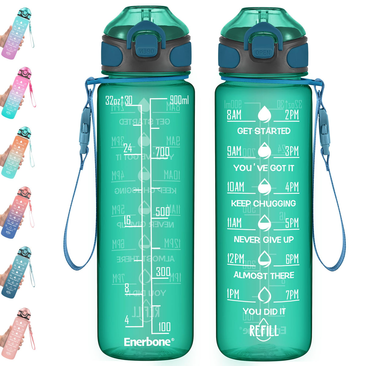32 oz Water Bottle with Times to Drink and Straw (Mist Teal)