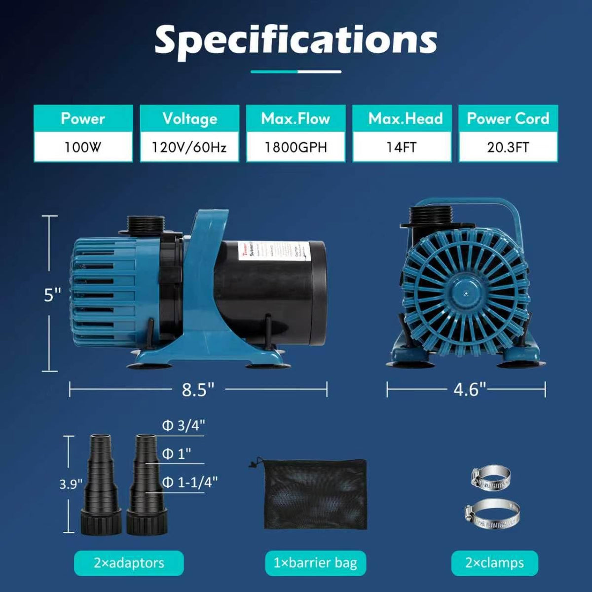 1800 GPH Pond Pump for Fish Pond (1800GPH-100W)