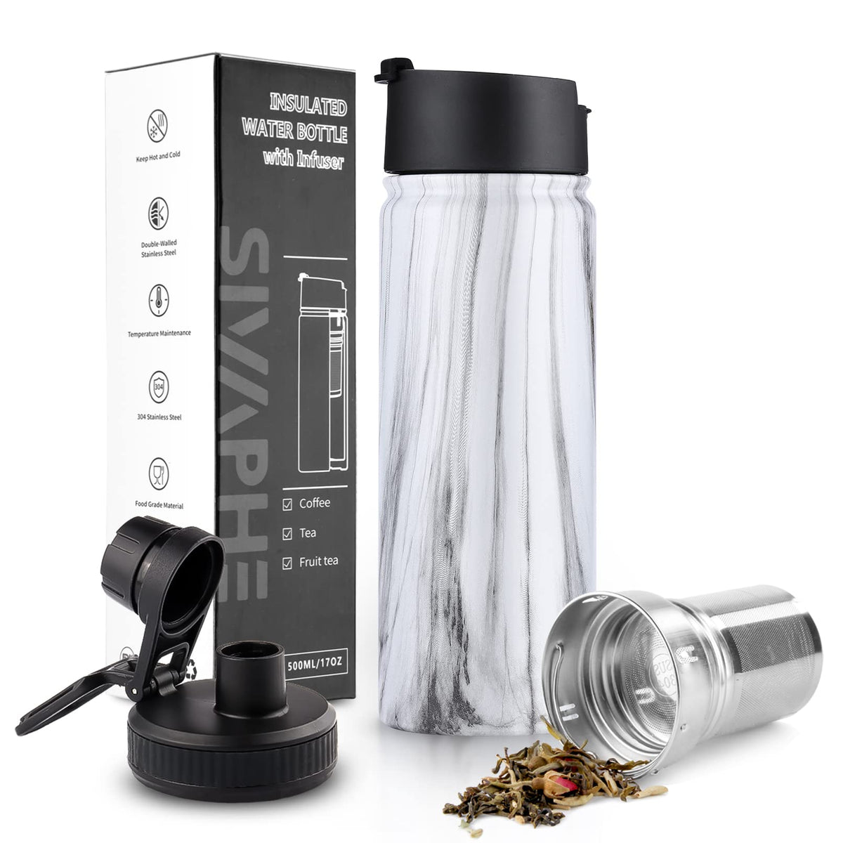Tea Infuser Bottle With Removable Loose Leaf Filter Stainless Steel Insulated Travel Tea Strainer Tumbler Tea Drinkers Gifts for Men Women (Marble / 18 Ounces)
