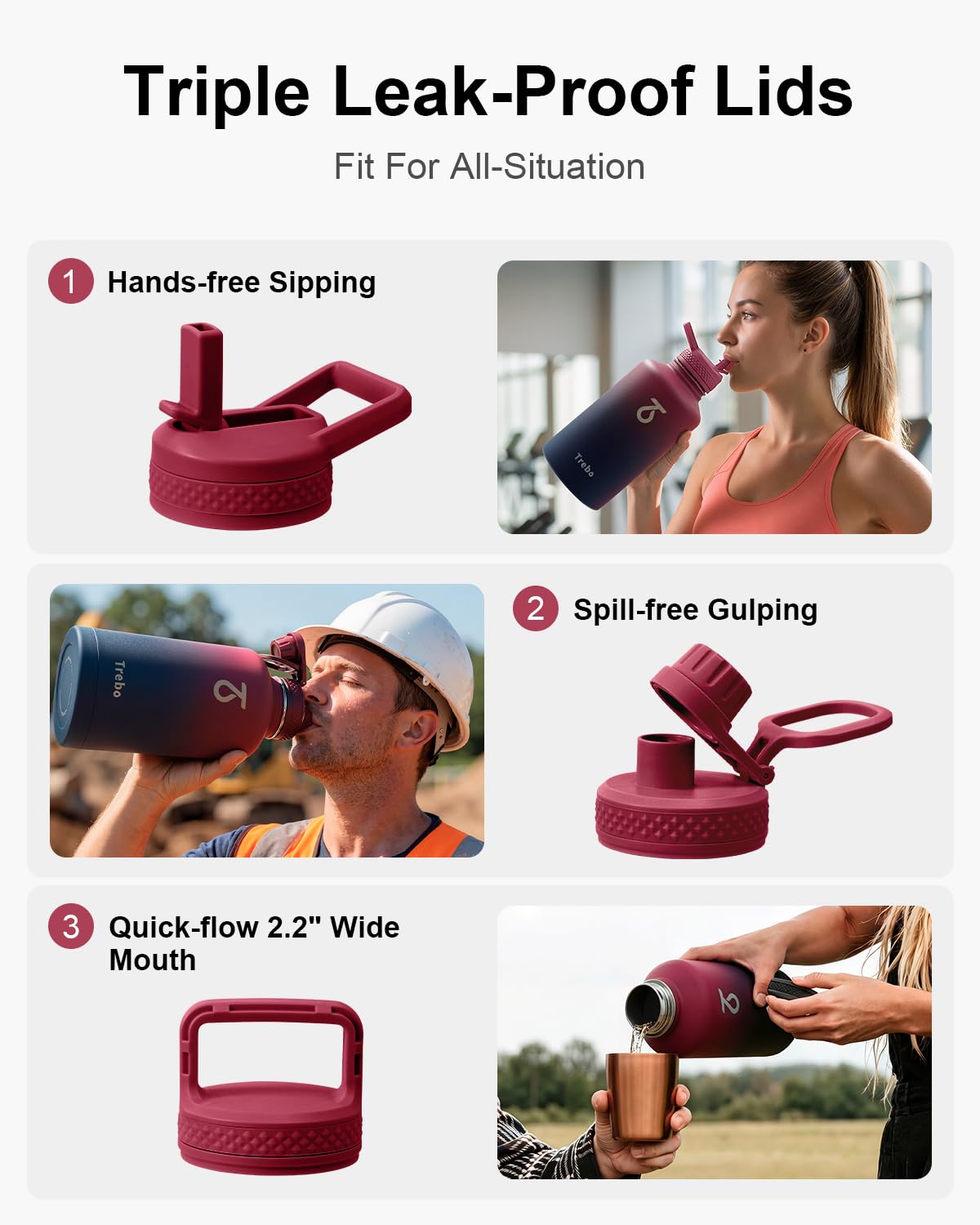 64 oz Water Bottle Stainless Steel with 3 Lids (Ruby Red / 64 Ounces)