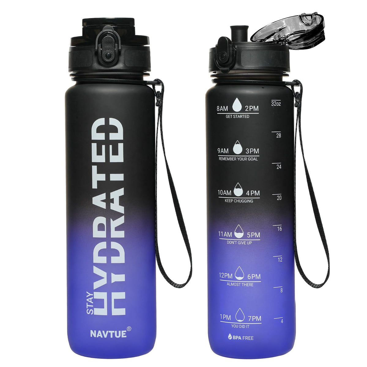 Water Bottle 32 oz Motivational Time Marker Tritan Bottle (Black Blue Gradient / 32 Ounces)