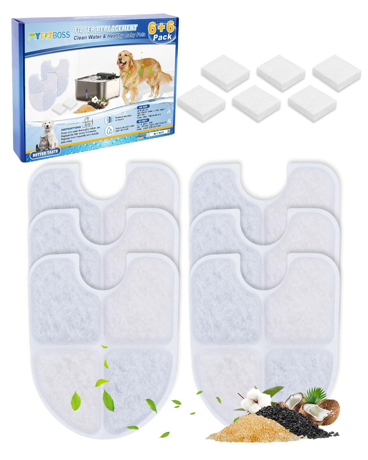 12 PCS Dog Water Fountain Filter Compatible with FEELNEEDY FN (White / 6 Filters+6 Sponges)