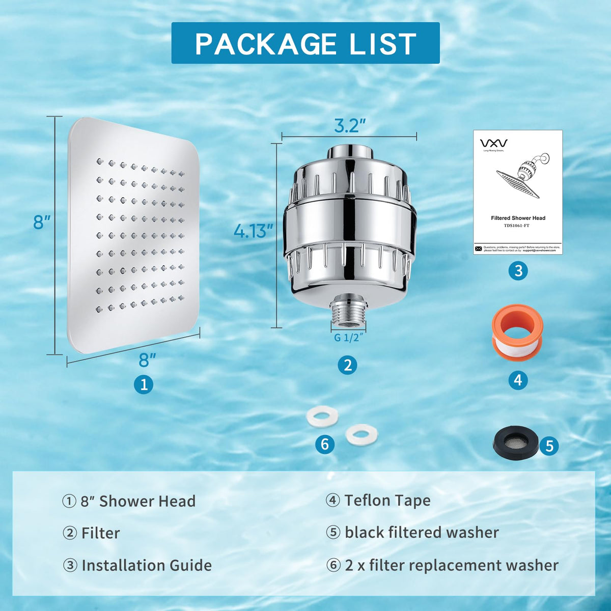 8'' High Pressure Filtered Shower Head Combo 20 Stage Shower Filter for Hard Water (Chrome Polished / 8 Inch)