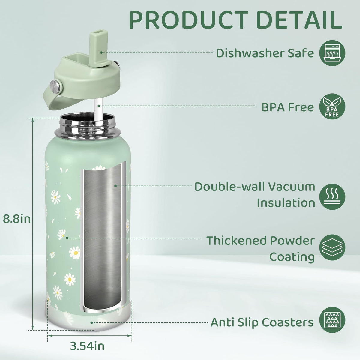 32oz Green Daisy Insulated Water Bottle for Women with Straw (Green Daisy / 32 Ounces)