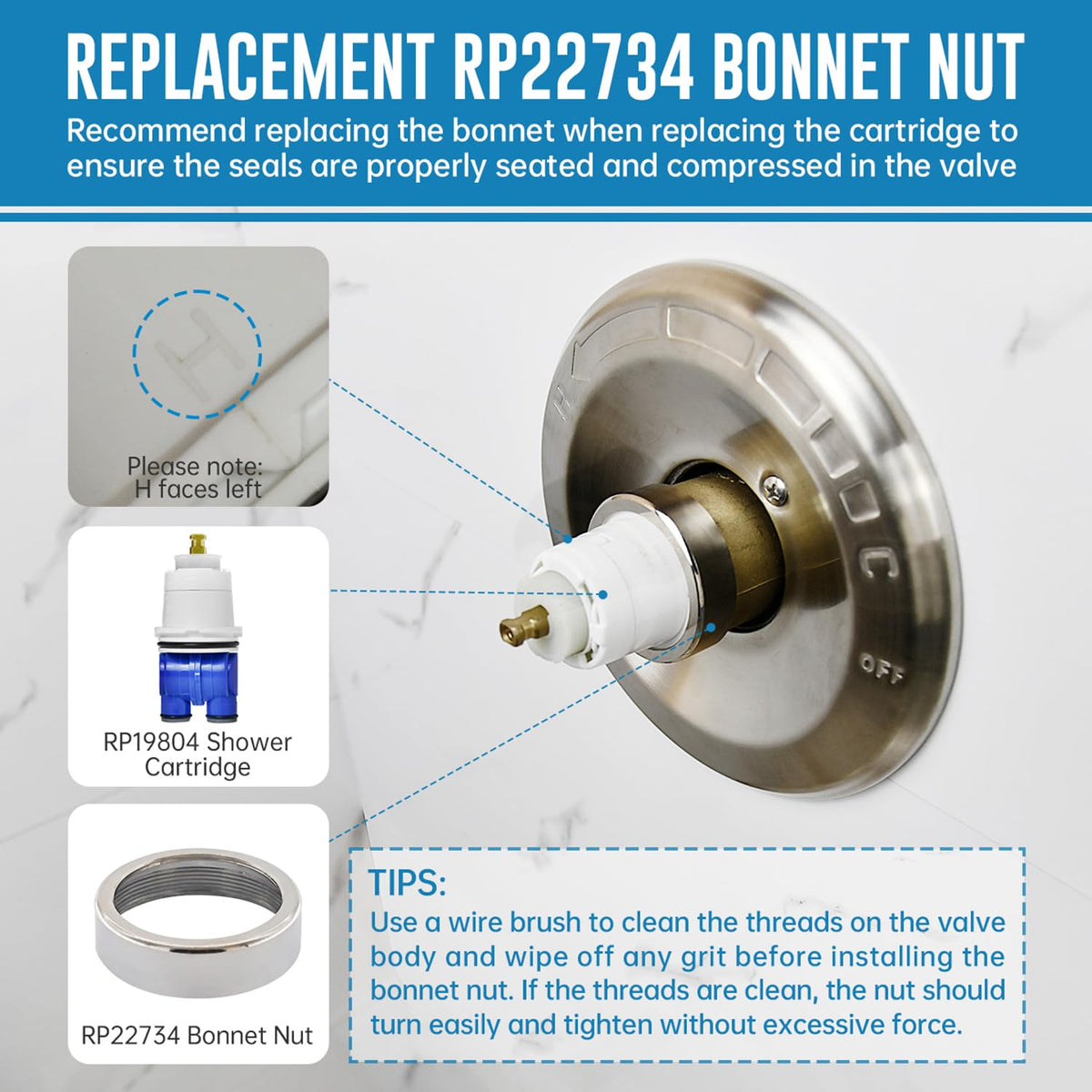 RP19804 Shower Cartridge Compatible with Delta 1300 (RP19804+RP22734 Bonnet Nut)