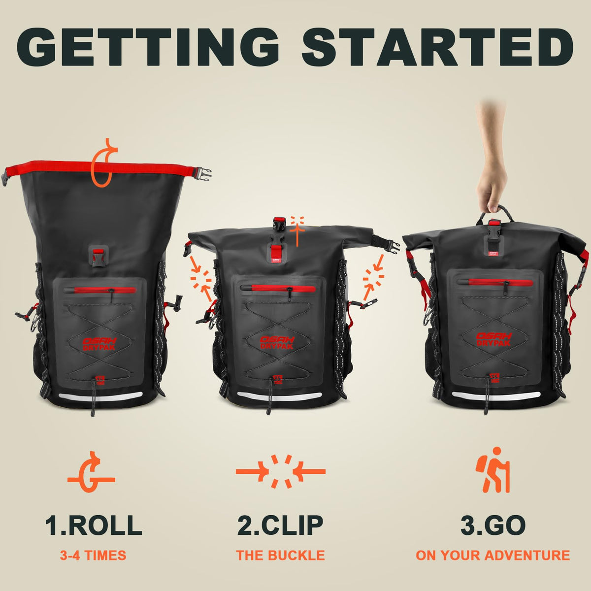 Waterproof Backpack Dry Bag 25L (Black Red / 55L)