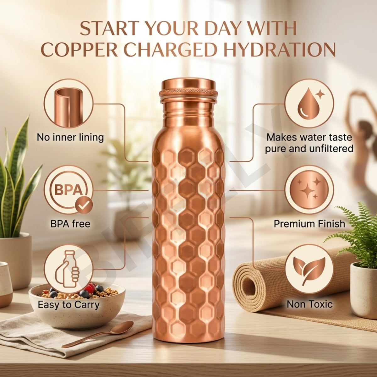 100% Pure Copper Water Bottle for Drinking