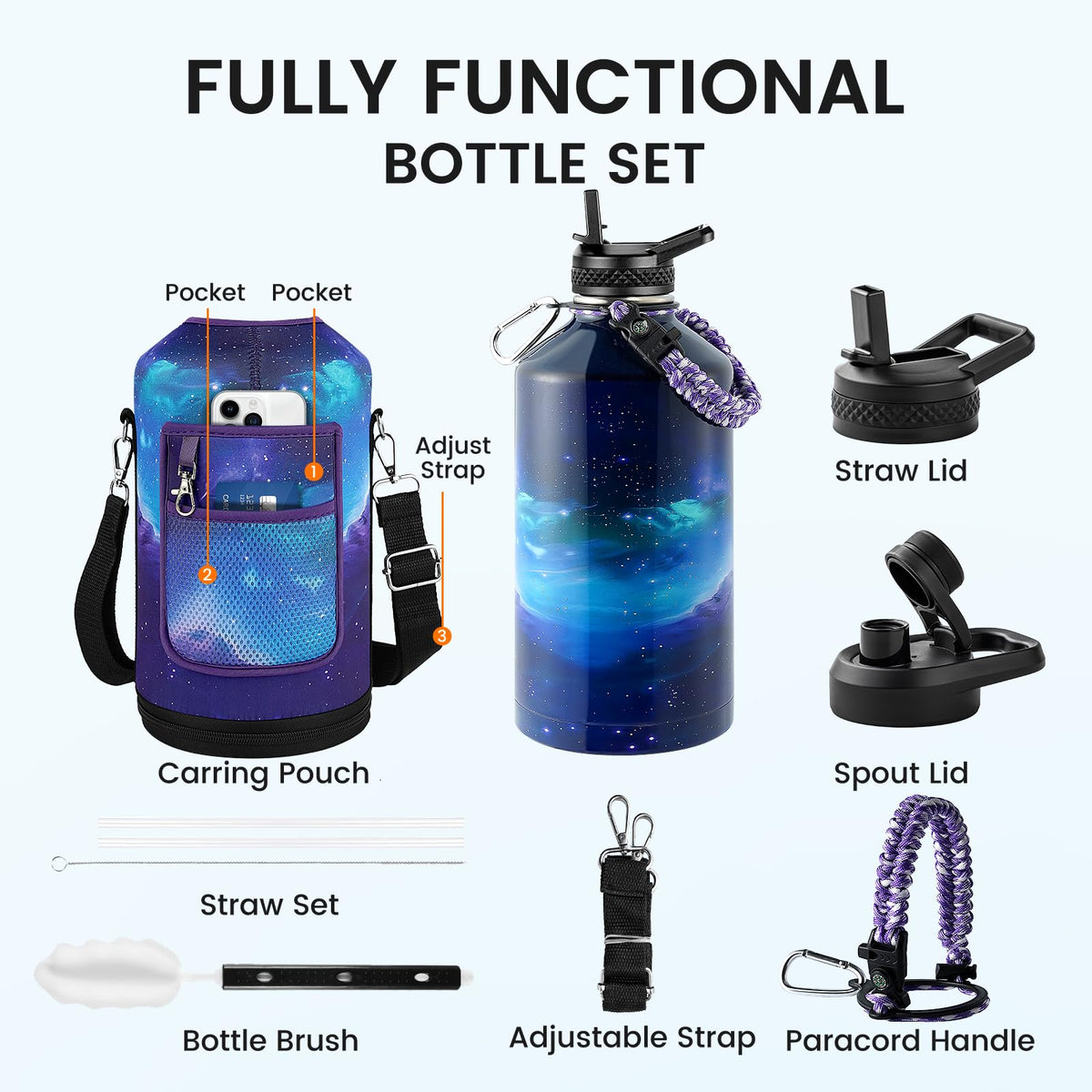 One Gallon Water Bottle Insulated 128 oz (Aurora Purple / 128 Ounces)