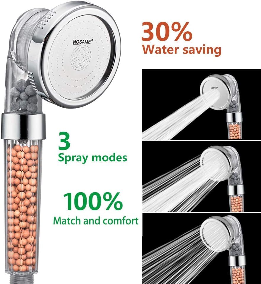 Shower Head Filter Filtration High Pressure Water Saving 3 Mode Function Spray Handheld Showerheads 1.6 GPM for Hair & Skin (Clear Shower Head + Hose + Bracket)