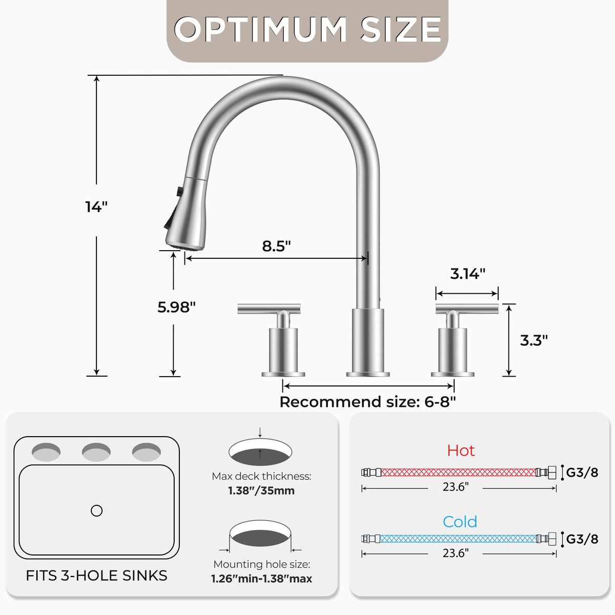 2 Handle Kitchen Faucet with Pull Down Sprayer (Stainless Steel)