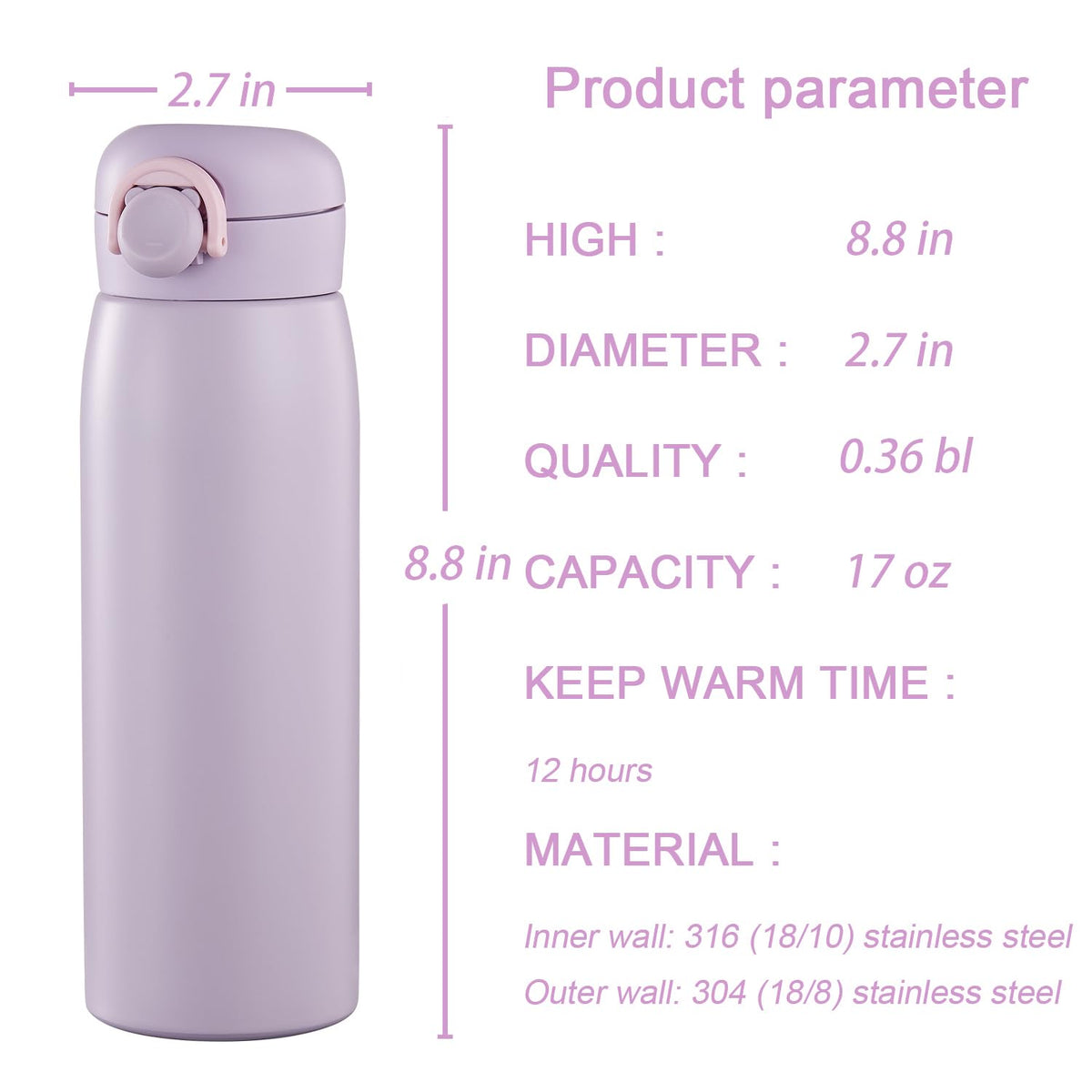 17 oz Mini Water Bottle Small Stainless Steel Thermoses (Purple / 16.91 Ounces)