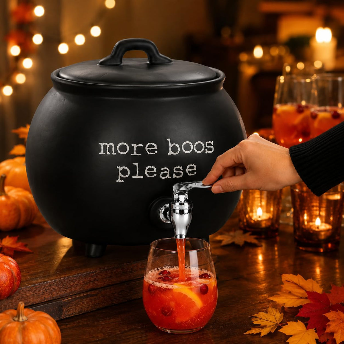Black Ceramic Cauldron Beverage Dispenser & Candy Bowl With Easy Flow Spigot & Lid (Black)