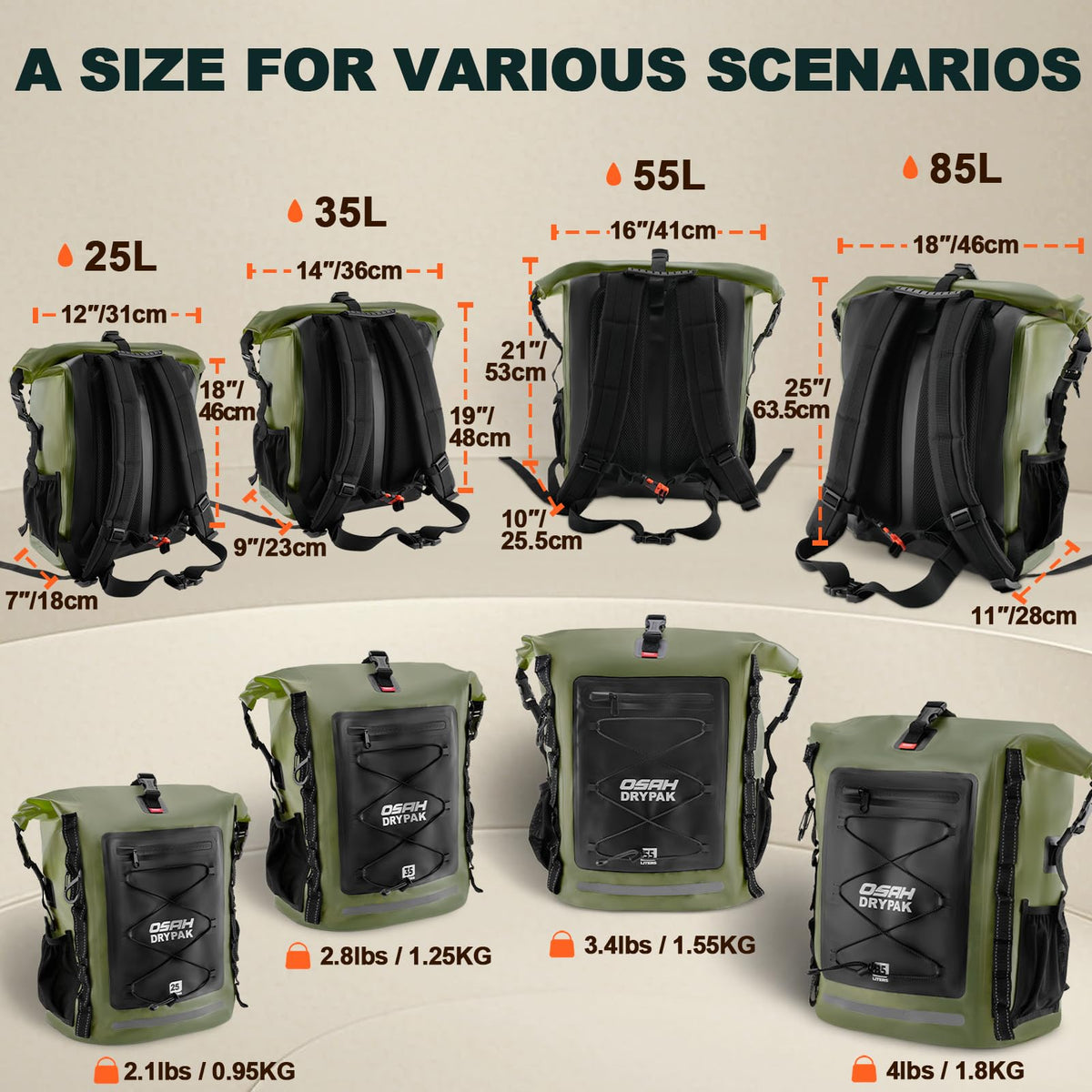 Waterproof Backpack Dry Bag 35L (Green / 85L)