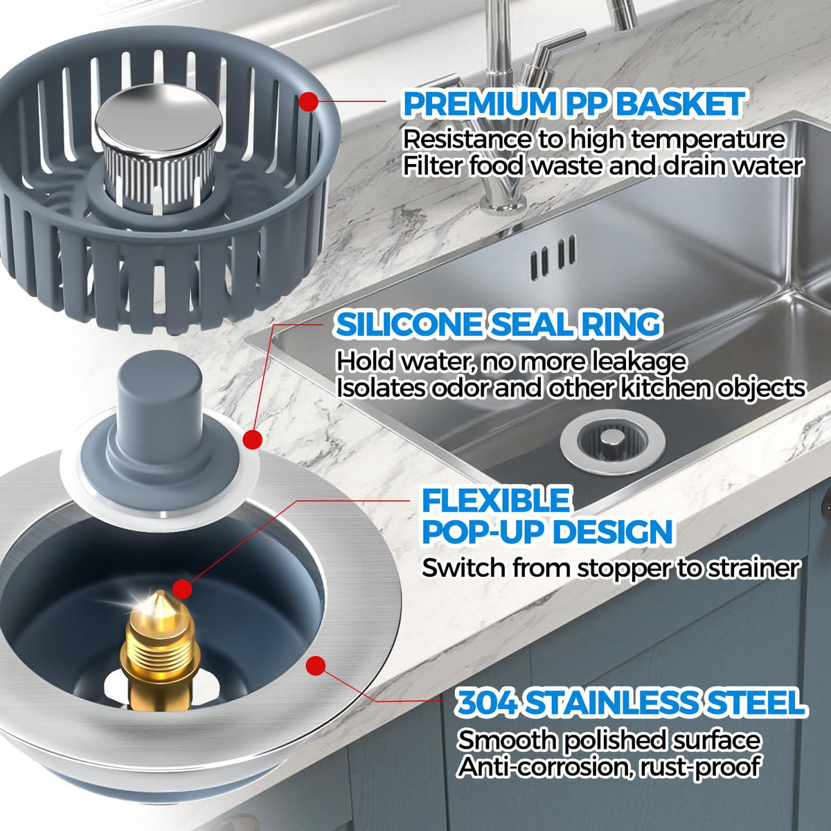 3 in 1 Kitchen Sink Drain Strainer Stopper Removable Basket Pop (Silver Silver)
