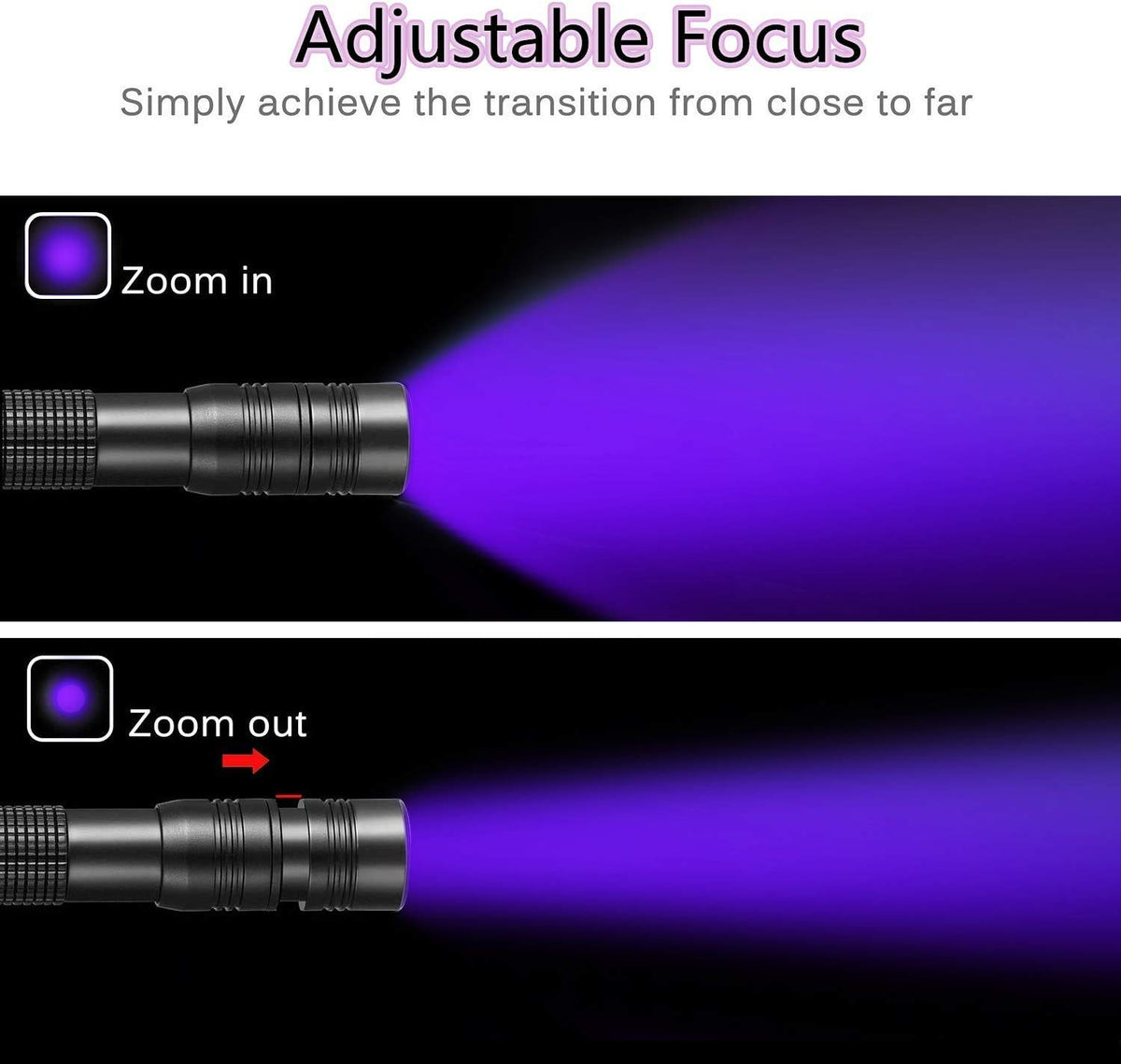 UV Flashlight 395nm Zoomable Black Light (1 Pcs Uv Penlight + 1 Pcs Led Flashlight)