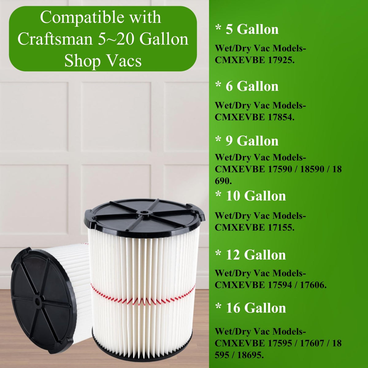 2 Pack CMXZVBE38754 Replacement Filter Fit for Craftsman Shop Vac Wet Dry 5 to 20 Gallon