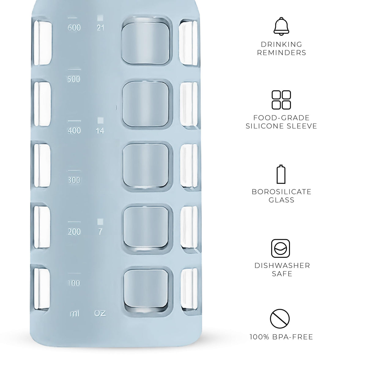 40oz / 32oz / 22oz / 12oz Borosilicate Glass Water Bottle with Time & Volume Markers, Silicone Sleeve, Stainless Steel Lid | Reusable Glass Bottle for Water & Juice (Ice Blue (1 Count) / 22 Ounces)