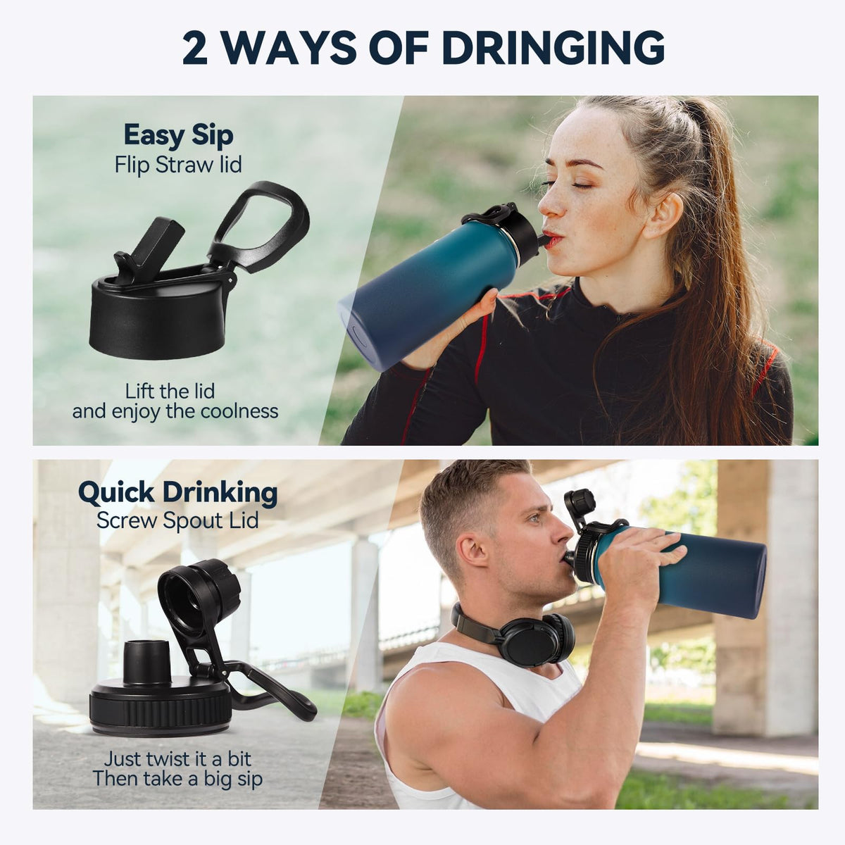 32 oz Insulated Water Bottles with 2 Lids (Dark Night)