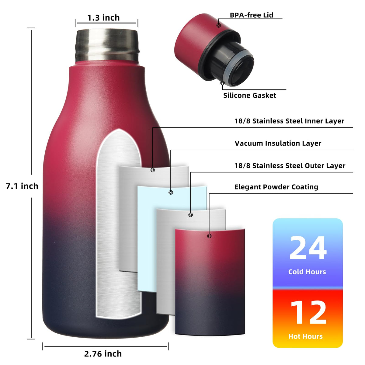 12oz Insulated Water Bottle (Charming Black Red / 12 Ounces / 12oz)