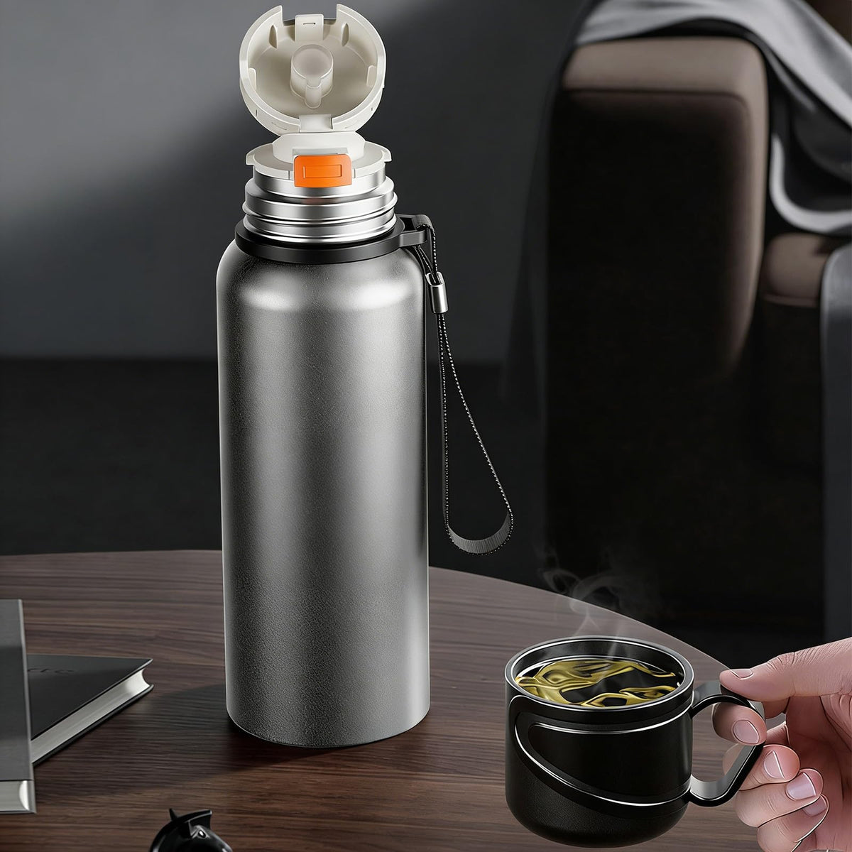 Double wall vacuum Leakproof stainless steel wide mouth insulated water bottle;tea tumbler with infuser (Silver-620ml)