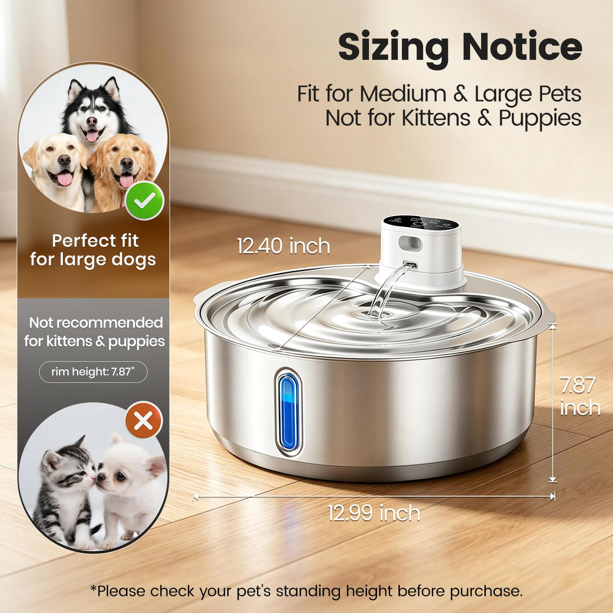 8L 270oz Cordless Stainless Steel Dog Water Fountain